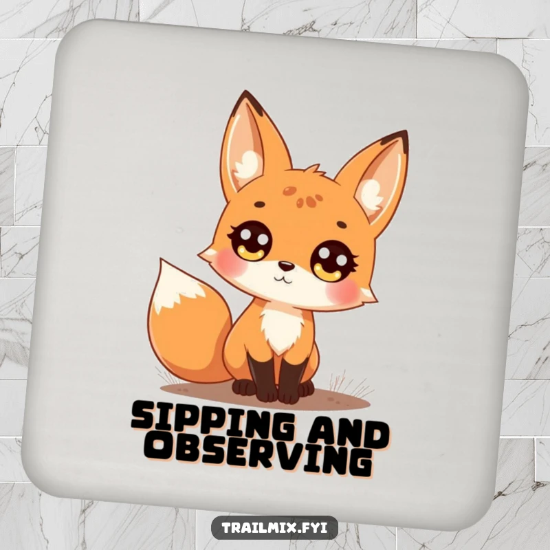 Funny drink coaster with a curious fox on a trail looking upwards with large, bright eyes, protecting surfaces stylishly.