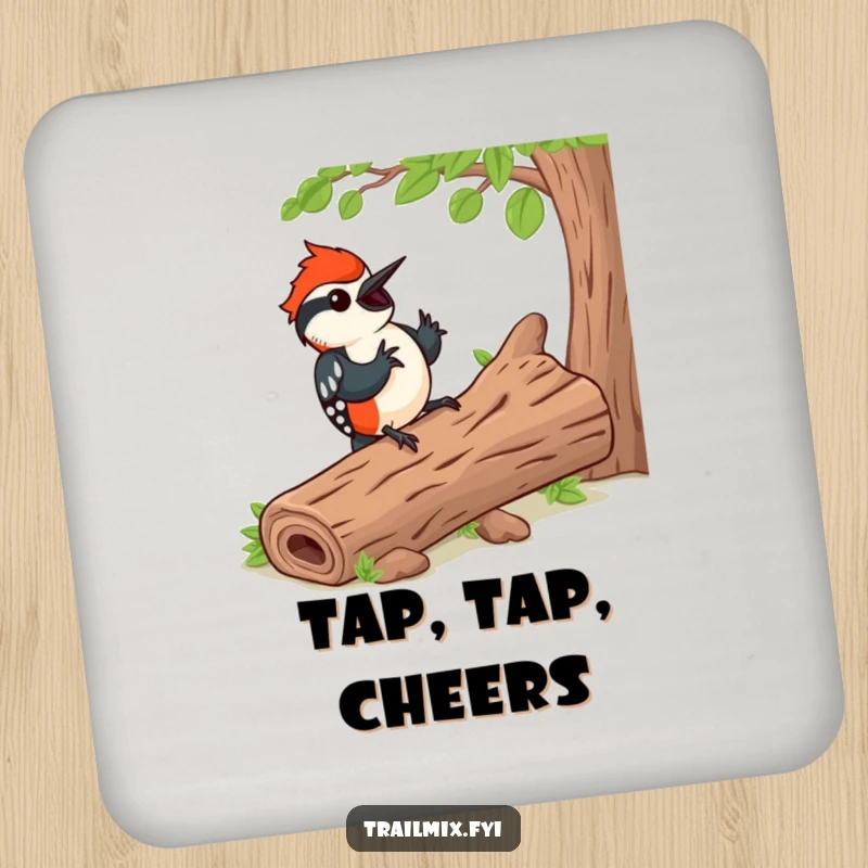 Funny drink coaster with a happy woodpecker tapping a rhythm on a log, offering surface protection and a splash of funny, natural art.