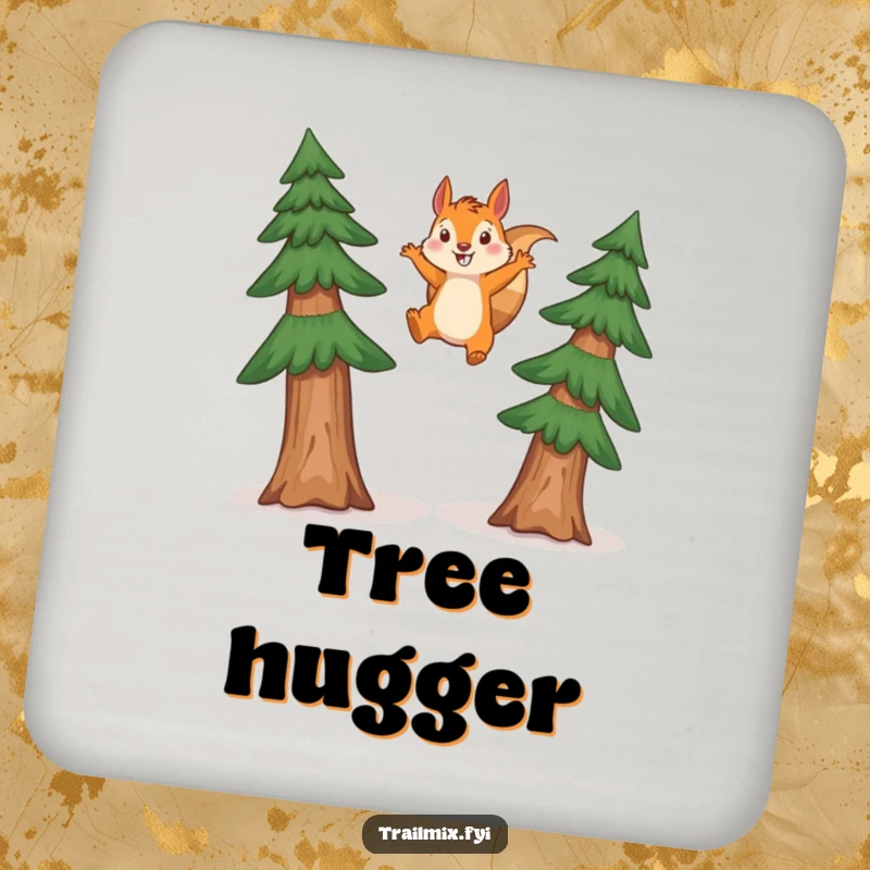 Funny squirrel drink coaster featuring a happy squirrel leaping between two tall pine trees, adding a humorous woodland flair.