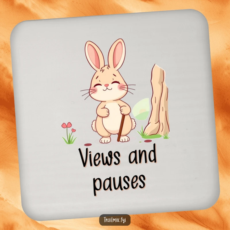 Funny coasters: a smiling, tired rabbit with a walking stick pausing to admire a scenic view, protecting surfaces with humorous flair.
