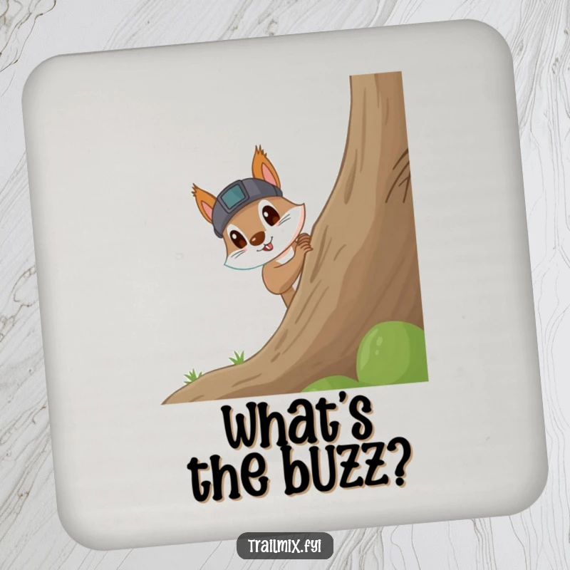 Funny Squirrel Coasters: Coasters showing a curious squirrel wearing a headlamp, excitedly peeking around a large tree, bringing a sense of wonder.