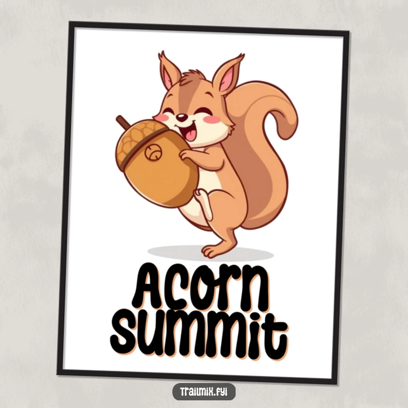Funny happy squirrel character gleefully hiking up a giant acorn, displayed as a charming poster.