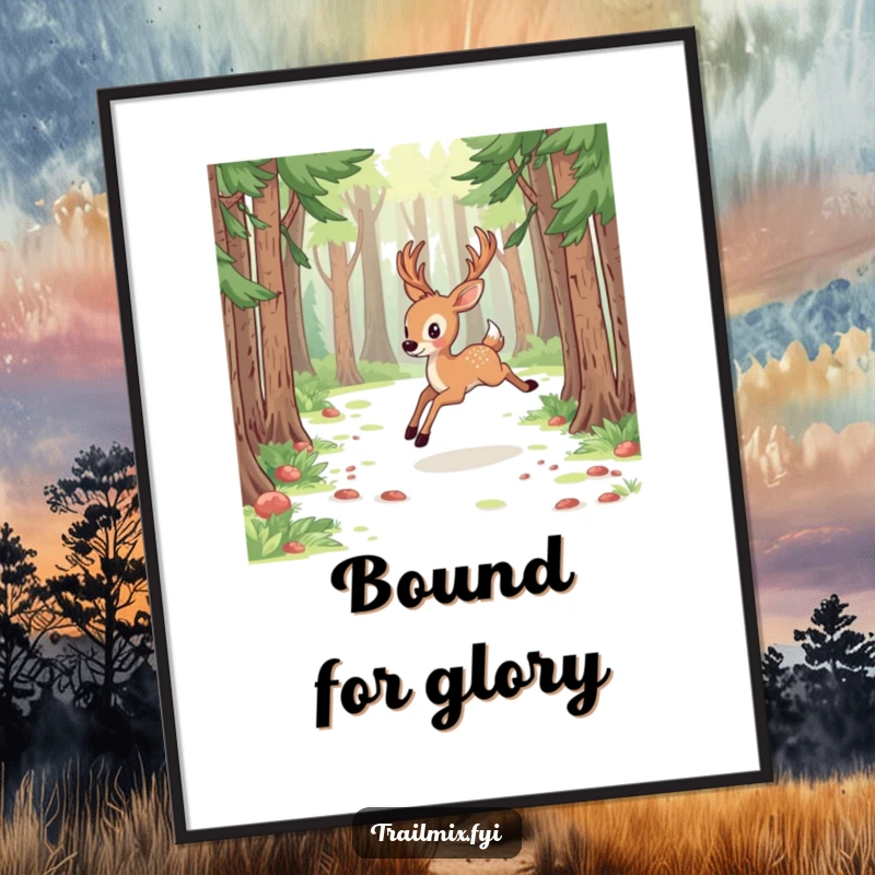 Funny deer poster captures energetic bounding through a forest clearing, symbolizing freedom and natural beauty.