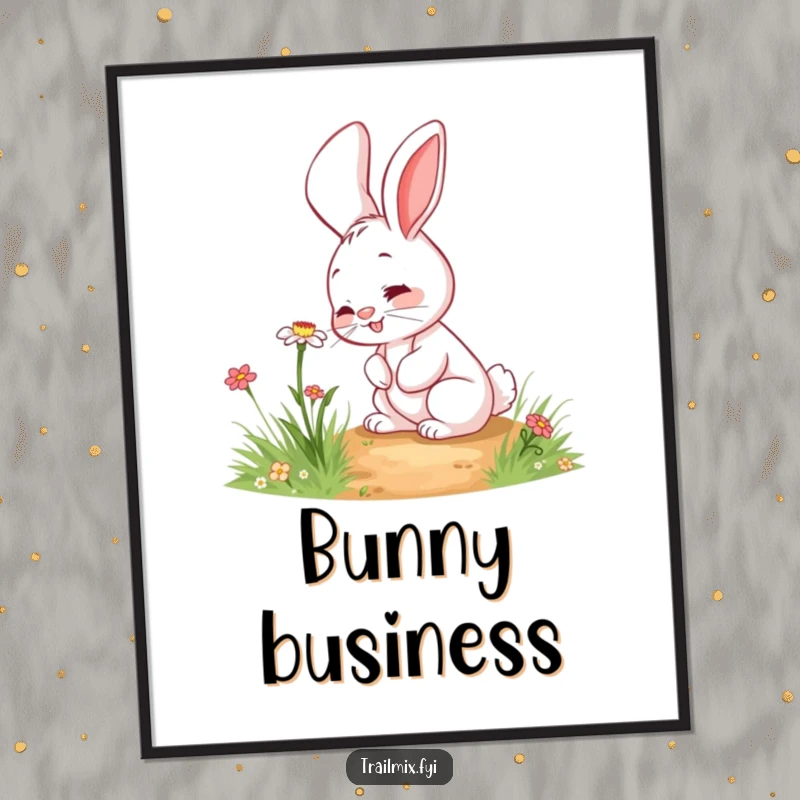 Funny rabbit poster showing a giggling character curiously sniffing a wildflower on a path, bringing whimsical charm indoors.