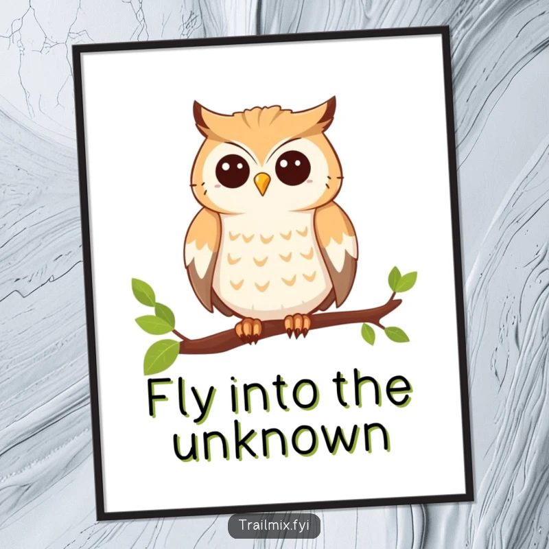 Funny poster artwork of a smiling owl perched on a branch, looking ready for adventure, with bright, curious eyes.