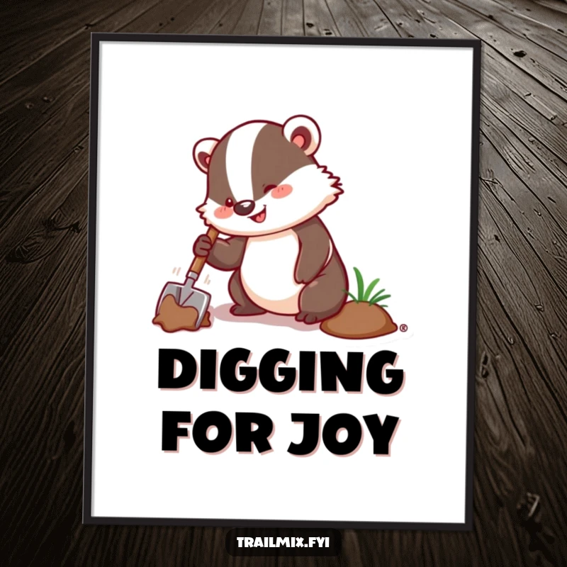 Funny poster of a happy badger digging energetically with a trowel, a vibrant and humorous piece of wall art.