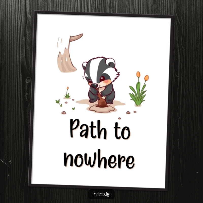 Funny poster of a determined badger digging a hole on a path, offering a humorous piece of wildlife art and a funny gift.