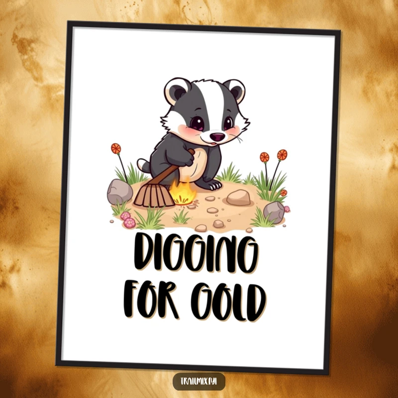 Funny poster artwork shows an energetic badger digging with excitement, creating a humorous and motivational visual for any space.