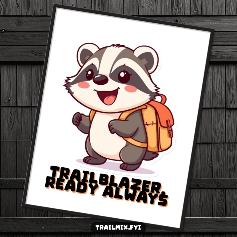 Funny poster featuring a smiling cartoon badger enthusiastically carrying a small knapsack, perfect for adventure-themed decor.