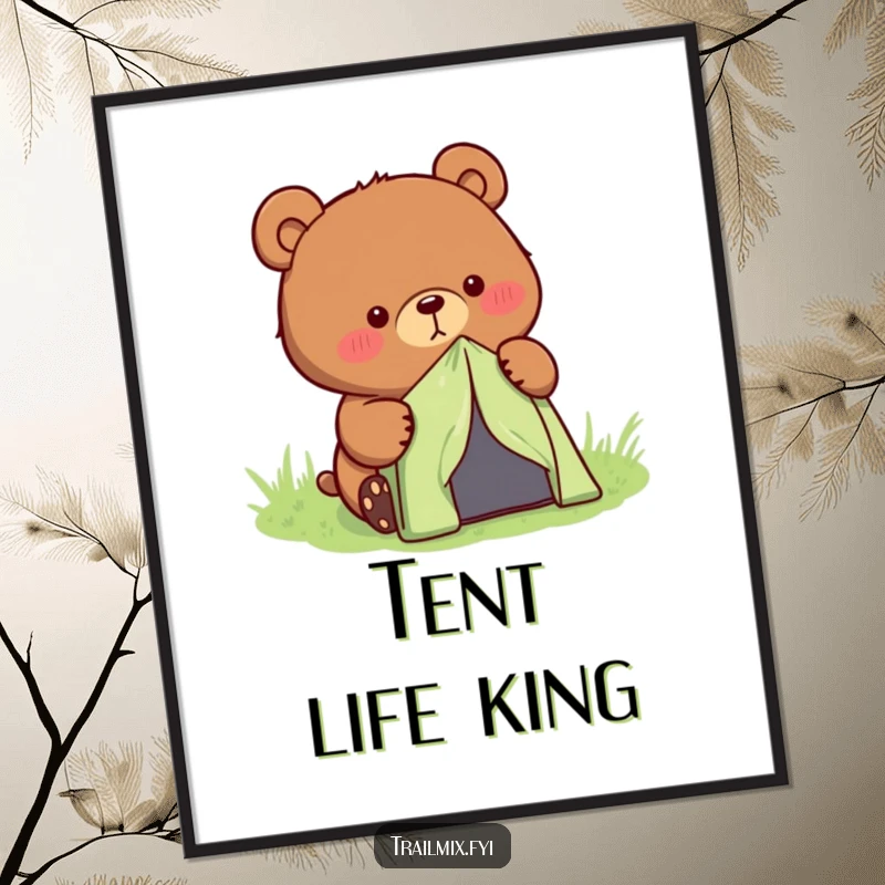 Funny determined bear character setting up a small tent, displayed as a charming poster.
