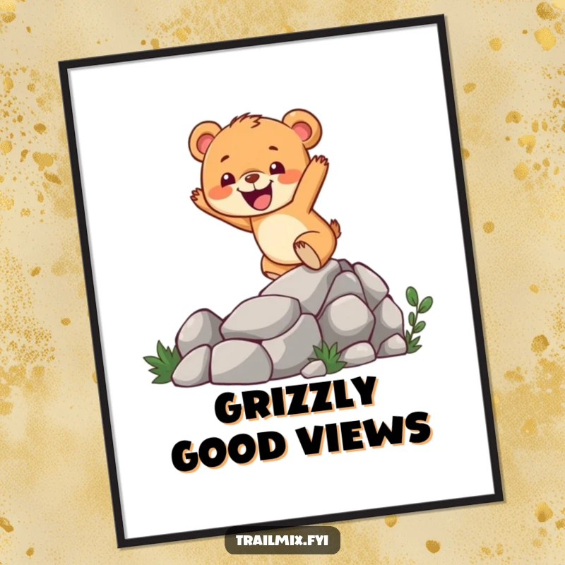 Funny bear cub poster depicting a cheerful character enthusiastically climbing a steep, rocky mountain trail, bringing nature's joy indoors.