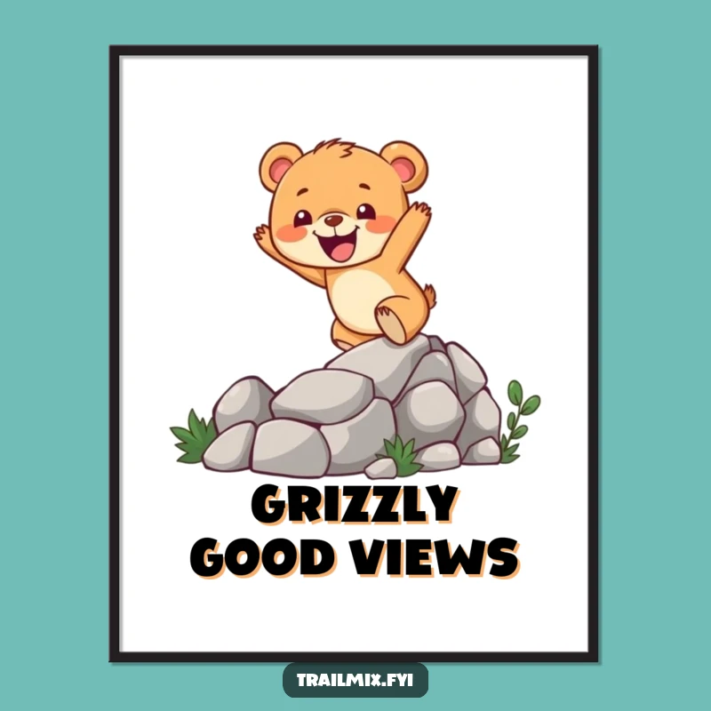 Funny Bear Cub Climbing Poster: Cheerful Trail Art Print Gift