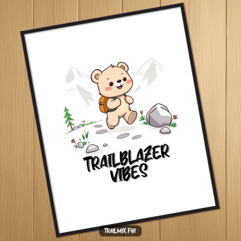 Funny Bear Cub Poster: Art print of a happy bear cub with a backpack joyfully skipping along a mountain path, evoking pure happiness.