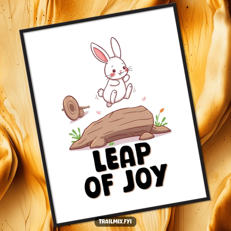 Funny bunny rabbit poster captures a playful leap over a fallen log, vibrant and charming wall art.