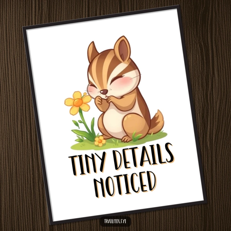 Funny Chipmunk Poster: A curious chipmunk is shown examining a wildflower, creating a charming piece of nature-inspired wall art.