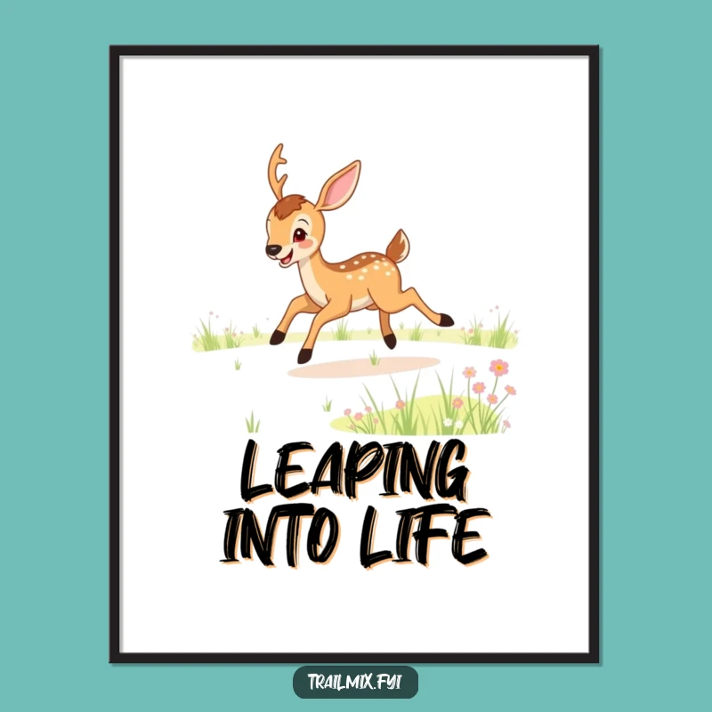 Funny Deer Meadow Bound Poster - Joyful Woodland Art Print Gift