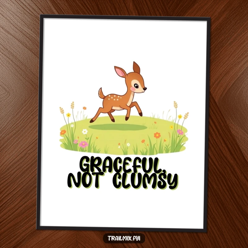 Funny poster artwork of a lively deer playfully bounding across a sunlit meadow, full of energy and grace.