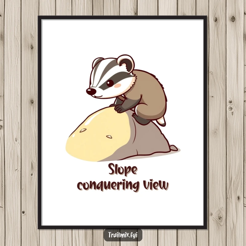 Funny determined badger poster, capturing the sheer willpower of a badger climbing a grassy hill. Motivational and humorous art.
