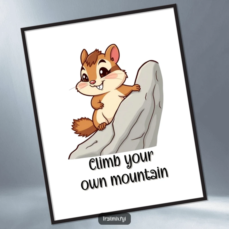 Funny poster of a smiling chipmunk with a determined look, climbing a rock, bringing inspiring humor.