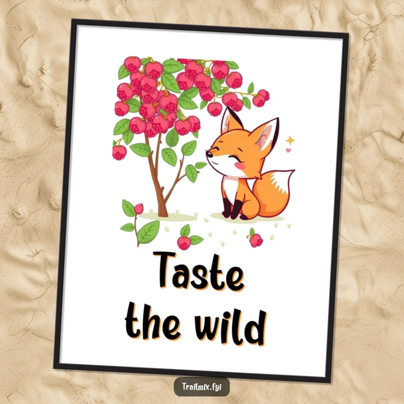 Funny fox poster capturing a cheerful fox enthusiastically sniffing a wild berry bush, a delightful scene of woodland foraging.