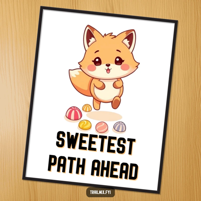 Funny fluffy fox character skipping on a trail of colorful candies, a joyful and humorous poster for your wall.