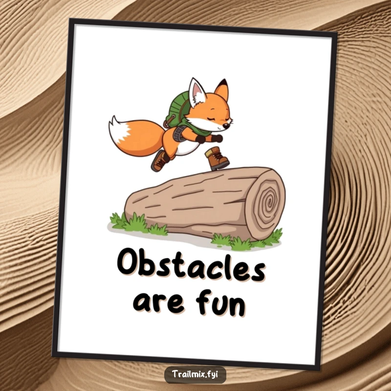 Funny Fox Poster: Art print of a playful fox wearing hiking boots, gracefully leaping over a fallen log, evoking movement and fun.