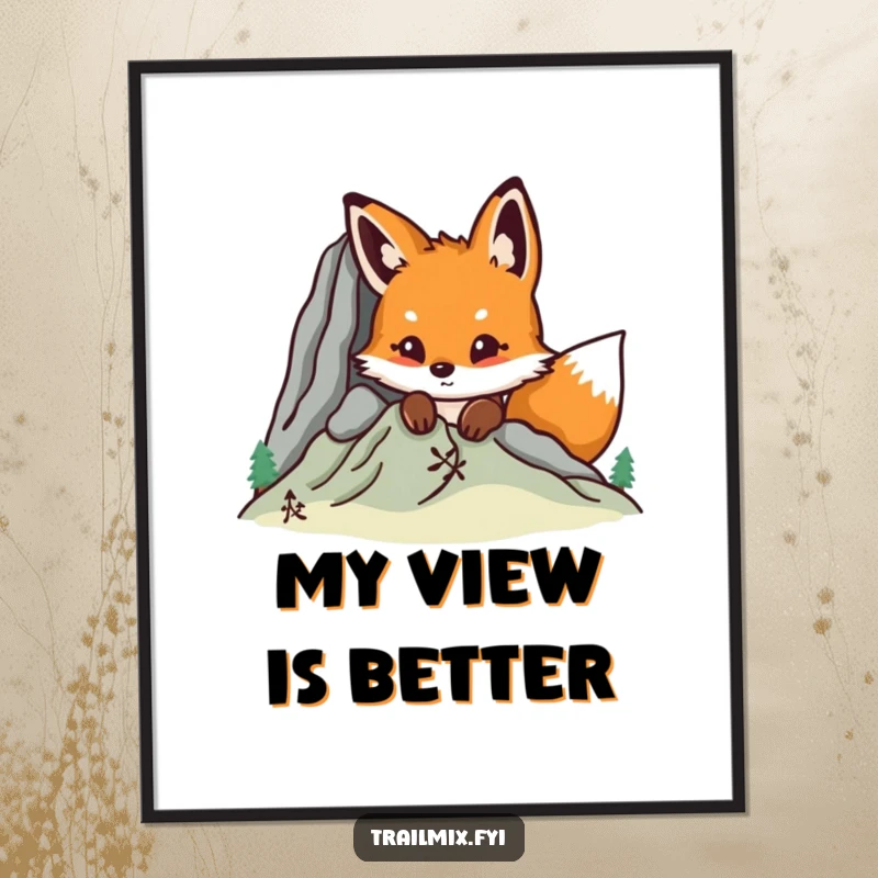 Funny fox peeking from behind a mountain artwork for a poster, making a humorous statement about nature and curiosity.