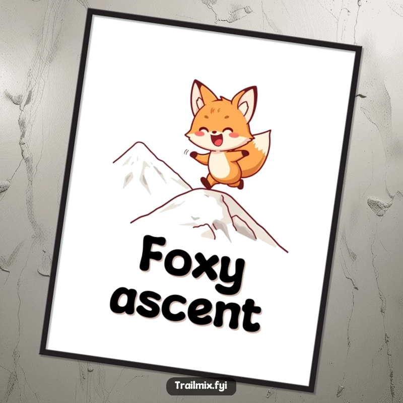 Funny fox poster depicting a delighted character playfully bounding up a steep mountain slope, capturing the spirit of exhilaration.