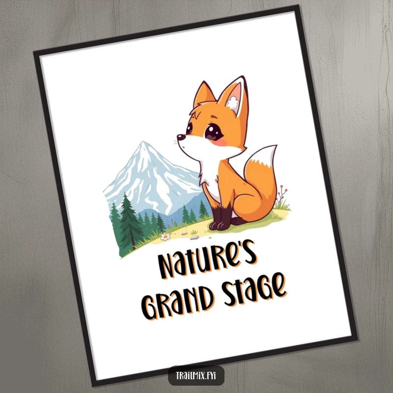 Funny poster print of a curious fox looking up at a breathtaking mountain vista, evoking feelings of exploration and wonder.