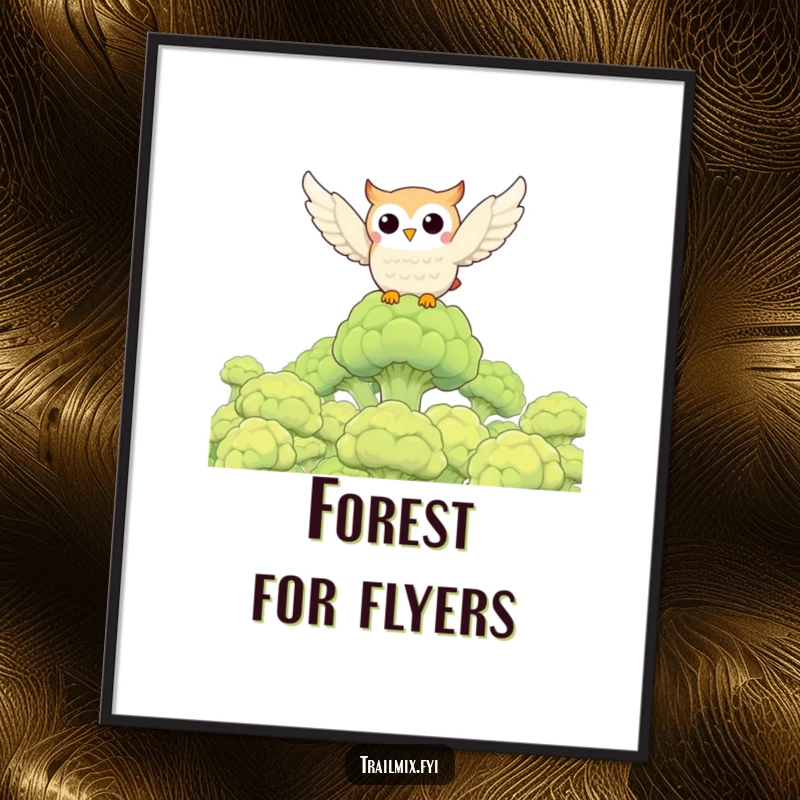 Funny owl character soaring high above a mystical forest of broccoli florets, a humorous and artistic poster.