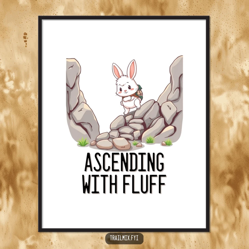 Funny rabbit poster, fluffy adventurer scrambling up a rocky path, vibrant and detailed wall art, humorous decor.