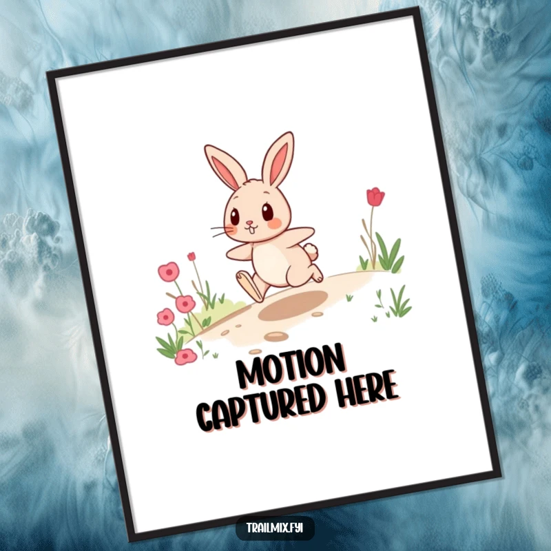 Funny poster artwork of a playful rabbit hopping energetically on a trail, capturing motion and cheerful vibes.