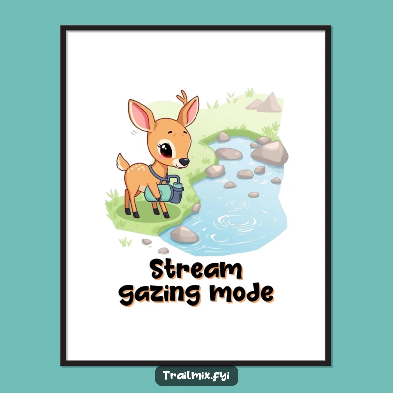 Funny Shy Deer Stream Art Print - Curious Character Wall Decor