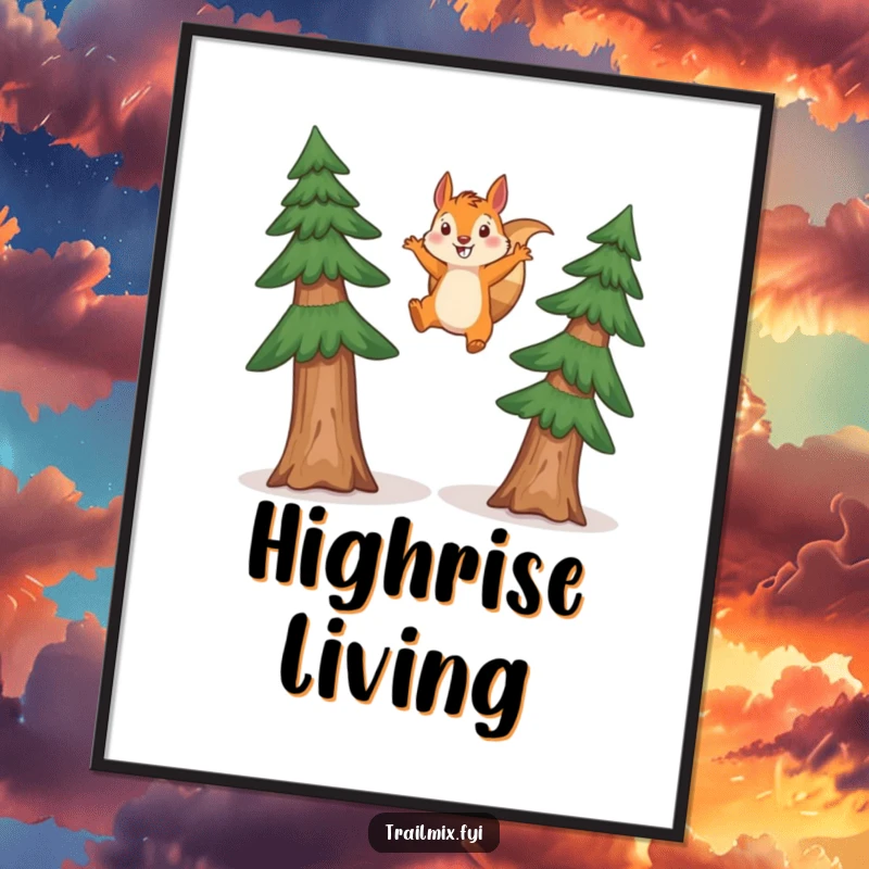 Funny squirrel poster capturing a happy squirrel in a dynamic leap between two tall pine trees, radiating pure woodland excitement.