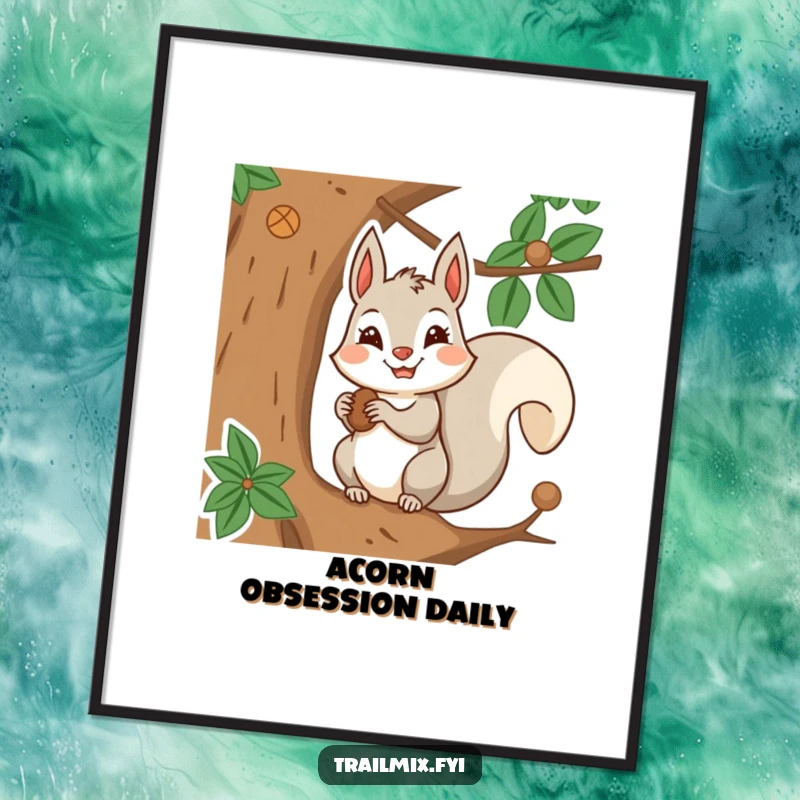 Funny poster print of a smiling squirrel determinedly stashing nuts in a tree, conveying focus and resourcefulness.