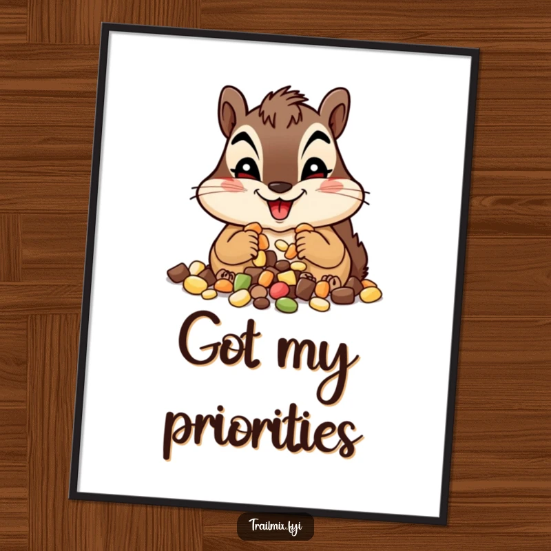 Funny chipmunk poster, depicted mid-munch on trail mix, radiating pure joy and a wide, happy grin. Perfect wall decor.
