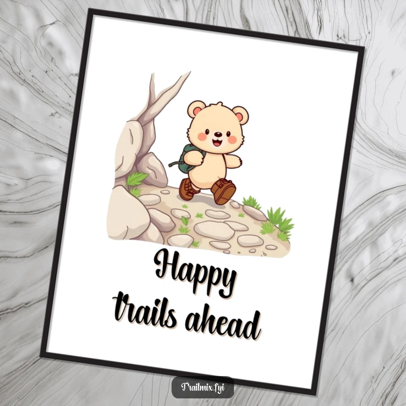 Funny bear cub poster captures a happy skip down a rocky path in hiking boots, vibrant and cheerful wall art.