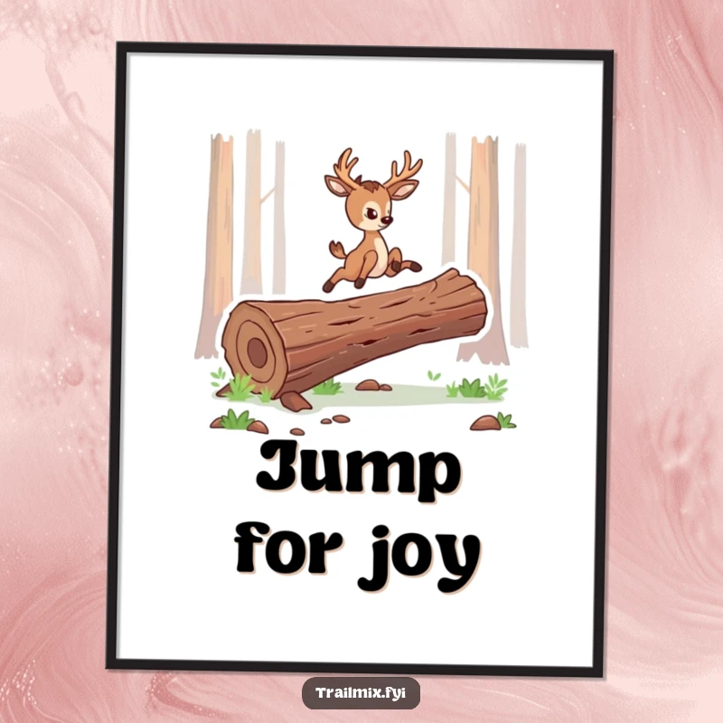 Funny poster print of a determined deer character leaping gracefully over a fallen log, capturing a moment of wild beauty.