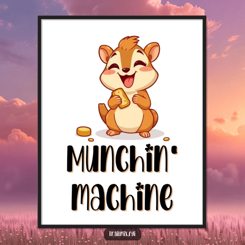Funny poster featuring a joyful chipmunk character happily munching on a trail snack with evident glee.