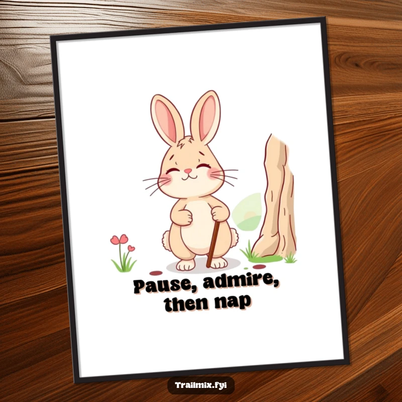 Funny poster: a smiling, tired rabbit with a walking stick pausing to admire a beautiful landscape, bringing humorous art to any space.