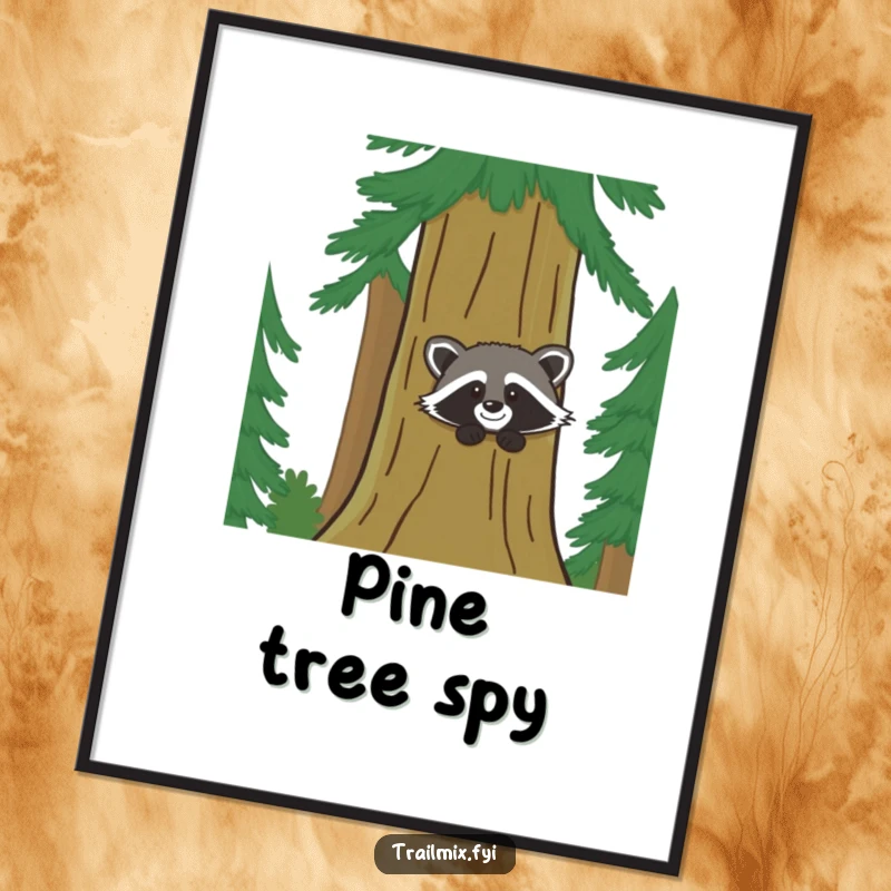 Funny poster art shows a cheerful raccoon peeking from a tall pine, adding playful humor and woodland charm to decor.