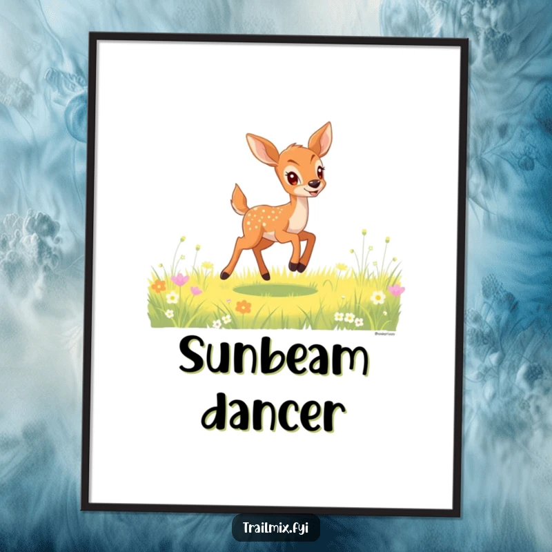 Funny deer fawn poster capturing a gleeful fawn bounding with energy through a sunlit meadow, embodying pure wilderness joy.