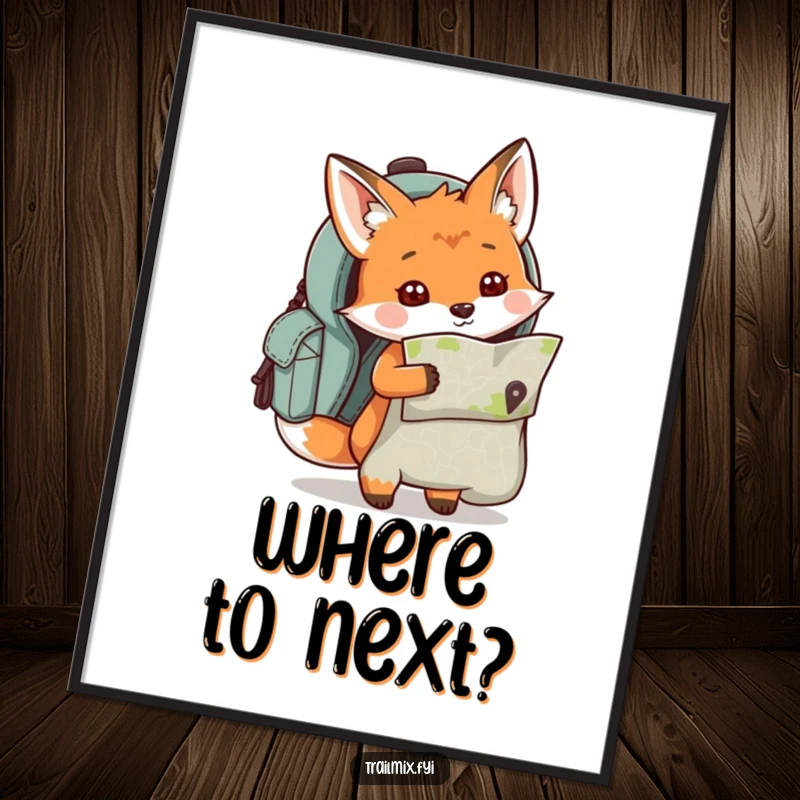 Funny curious fox character peeking out of a backpack with a map, displayed as a charming poster.