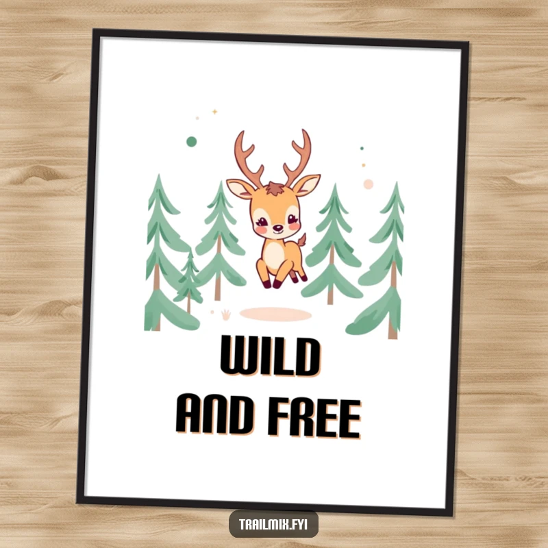 Funny Cheerful Deer Poster: Art print of a happy deer frolicking through abstract pine trees, bringing nature indoors.
