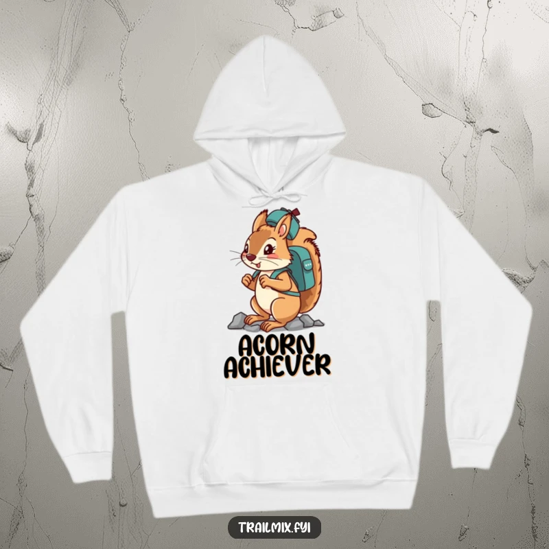 Funny determined squirrel character balancing a backpack on its head while climbing on a cozy hoodie.