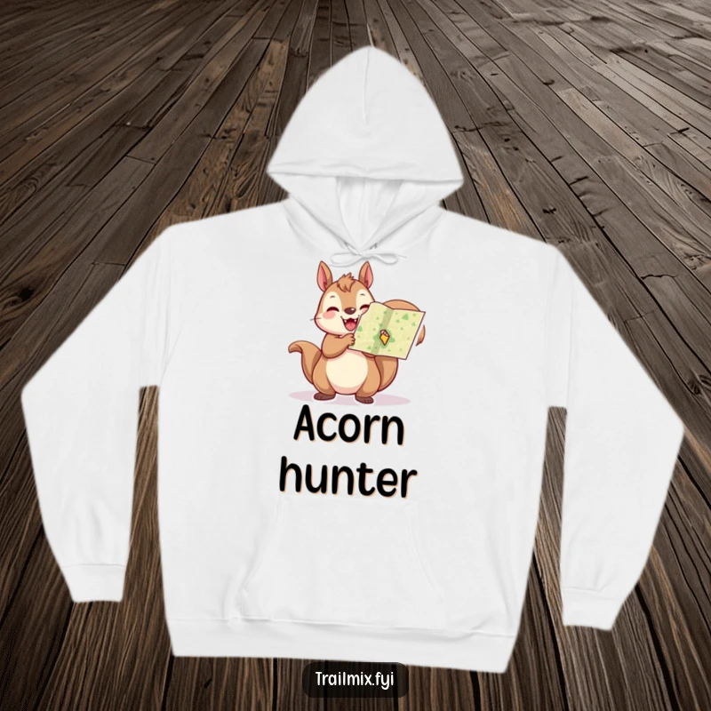 Funny squirrel hoodie, depicted cheerfully holding a tiny map aloft, designed for warmth and adventurous planning.