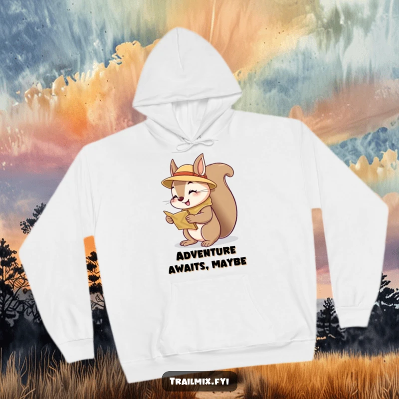 Funny squirrel scout hoodie, curiously checking a map, warm and cozy for outdoor adventures, cheerful animal graphic.