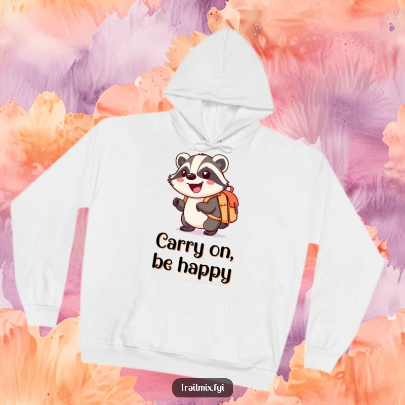 Funny hoodie featuring a smiling cartoon badger enthusiastically carrying a small knapsack, ideal for cozy adventures.