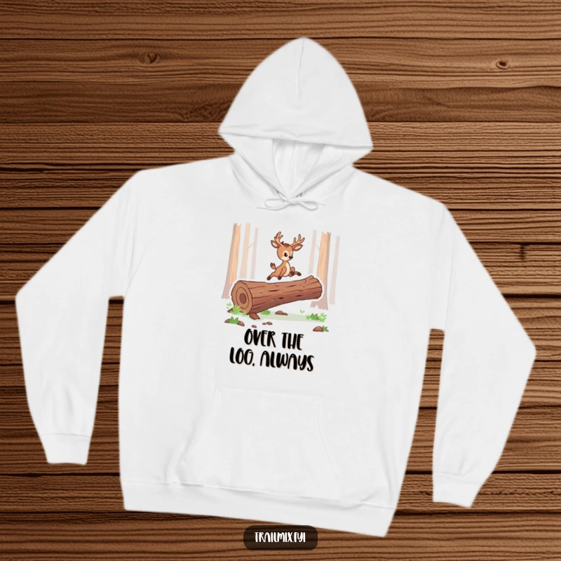 Funny hoodie displaying a determined deer character leaping with grace over a fallen log, embodying elegance and freedom.