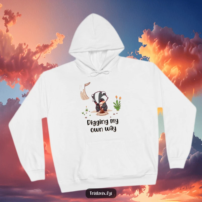 Funny hoodie with a determined badger digging on a path, offering warmth and a funny reminder of focused effort as a gift.
